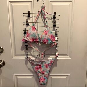Floral Pink & Blue Bikini Tie Up Halter Set Bra & Bottoms Size M